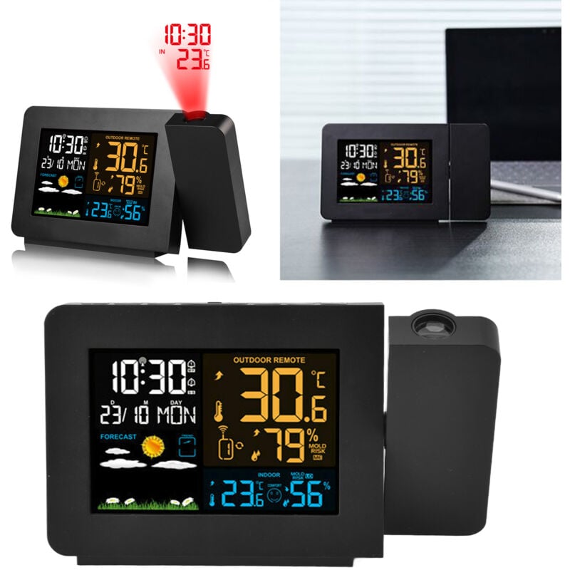 Sjlerst - Réveil à Projection Numérique pour Chambre à Coucher avec Station Météo, Thermomètre Hygromètre Intérieur Extérieur sans Fil, 7 Langues,
