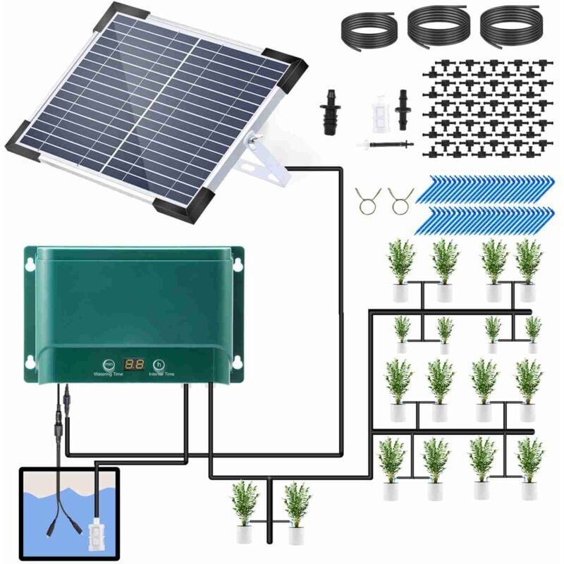 Solar drip irrigation system kit, automatic watering system with 30 operating modes and 7 timer modes