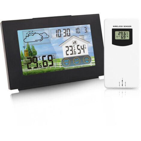 SJLERST Station météo Thermomètre d'intérieur et d'extérieur Hygromètre avec capteur Couleur Ecran tactile Réveil Calendrier avec Snooze Rétro-éclairage réglable Chargement USB