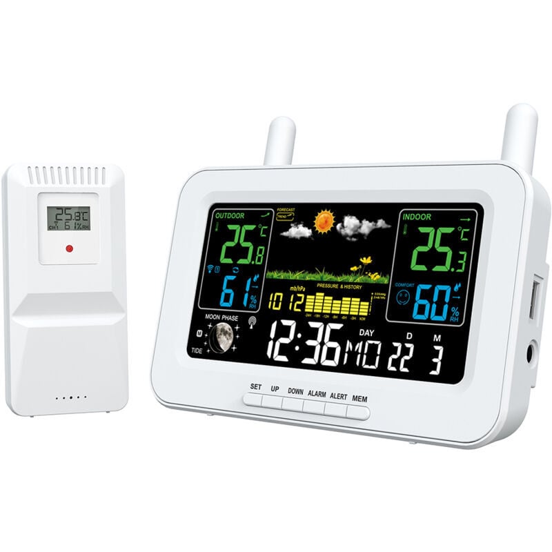 SNQ - Température et humidité intérieures et extérieures Réveil électronique lcd avec fonction snooze/fonction rétroéclairage Blanc 220V