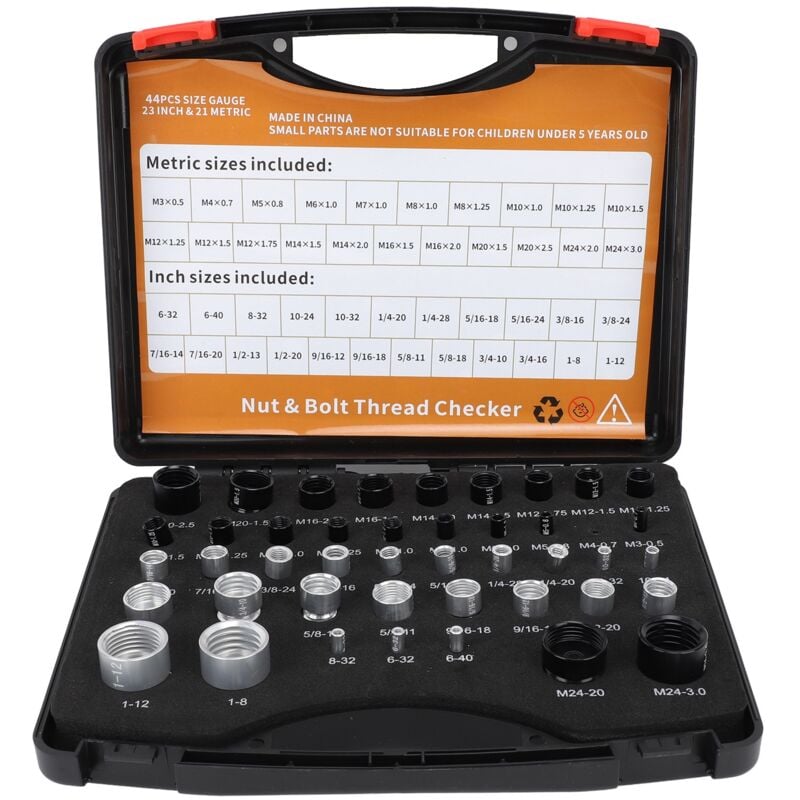 Testeur de filetage 44 pièces pour écrous et vis, boîte de test de filetage, identificateur de filetage de vis, fabriqué en acier au carbone 10B21,
