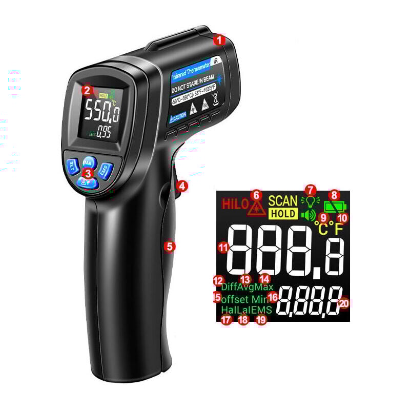 SNQ - Thermomètre Infrarouge, -50°C~550°C Sans Contact Thermomètre Laser Avec Écran Couleur lcd pour Cuisine/Réparation/Pizza/Industrie (pas pour