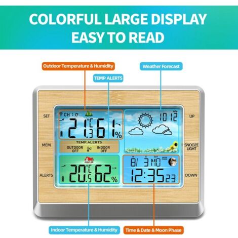 SJLERST Wetterstation mit drahtlosem Außensensor, Innen-/Außenthermometer und Hygrometer, Temperatur- und Feuchtigkeitsmesser mit Luftdruckanzeige, 6-Zoll-LED-Display