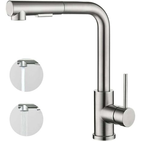 SJQKA Kitchen Mixer Tap with Pull Out Spray, Single Handle, 360° Swivel, 2 Spray Modes, Kitchen Sink Faucet, Brushed