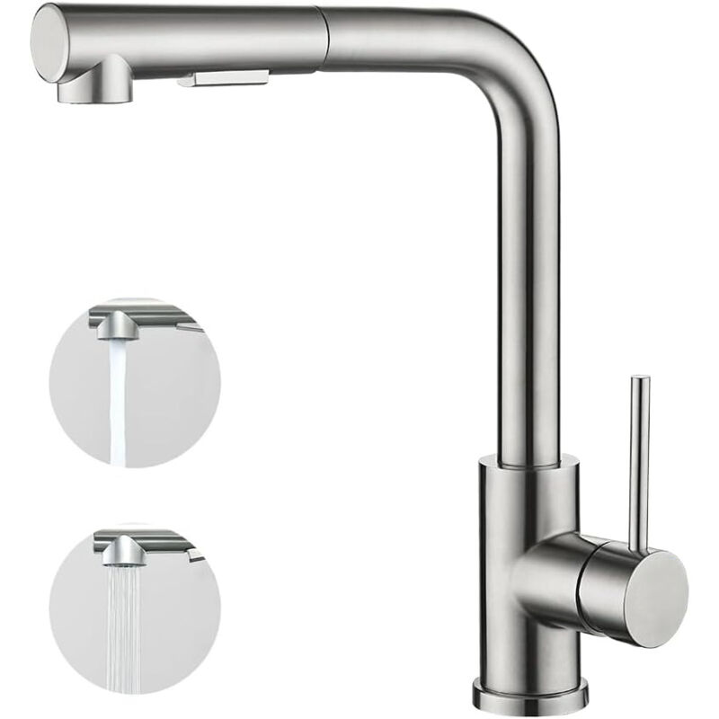 Sjqka - Mitigeur de cuisine avec douchette extractible, Monocommande, Rotation à 360°, 2 modes de pulvérisat Robinet d'évier cuisine - Brossé