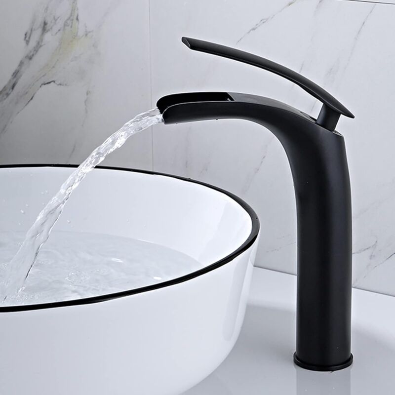 SJQKA Robinet Cascade Salle De Bain Noir,Robinet De Lavabo Cascade ,Cascade Mitigeur Salle Bain Avec Valve En Céramique Monocommande Chaude Et Froide