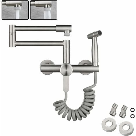 SJQKA Robinet De Cuisine Montage Mural Tréfilage En Acier Inoxydable 304 De Qualité Alimentaire Avec Pistolet Et 2 Types De Jet D'eau évier Mitigeur Mural Pivotant à 360° Robinetterie (13CM-17CM)