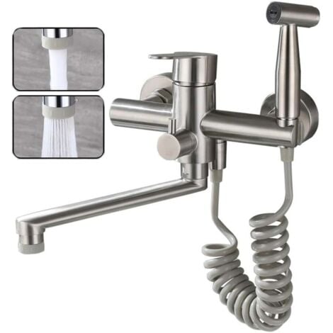 SJQKA Robinet De Cuisine Montage Mural Tréfilage En Acier Inoxydable 304 De Qualité Alimentaire Avec Pistolet Et 2 Types De Jet D'eau évier Mitigeur Mural Pivotant à 360° Robinetterie (Nickel brossé)