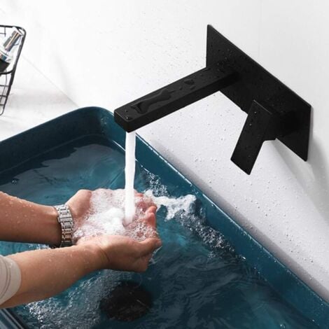 SJQKA Robinet Mitigeur Murale Lavabo Mélangeur Salle De Bain Avec Cascade Bec Extra-large Robinet Encastré Une Poignée Mitigeur Lavabo Robinet Baignoire Robinet Mural (Noir)