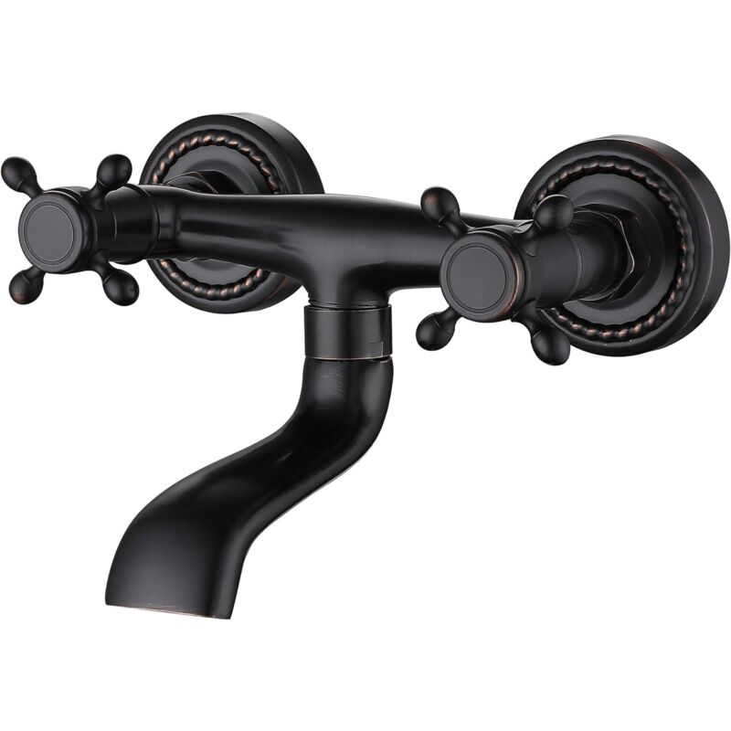 Style européen tout en cuivre noir baignoire Robinet salle de bain mural Robinet chaude et froide double-poignée baignoire Robinet - Sjqka