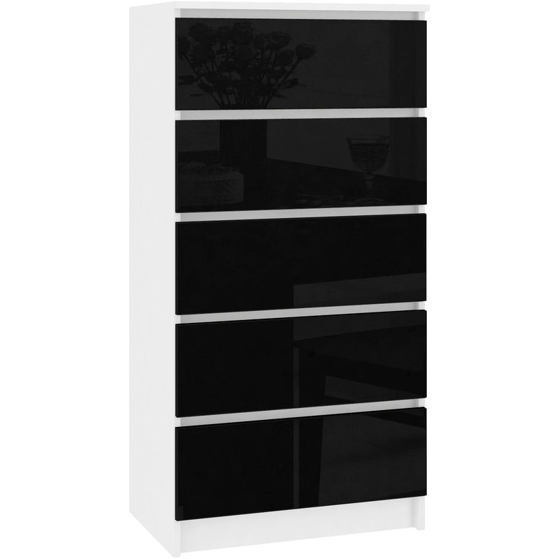 SKANDI - Commode contemporaine chambre + salon + bureau 121x60x40 cm - 5 tiroirs - Design moderne - Chiffonier Semainier - Blanc/Noir laqué