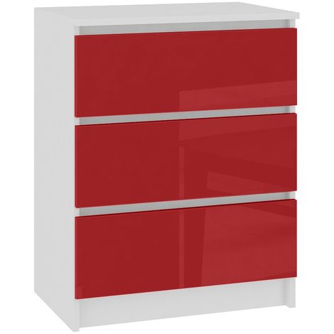 SKANDI - Commode contemporaine chambre/salon/bureau 60x77x40 cm - 3 tiroirs - Design moderne&robuste - Table de chevet - Rouge