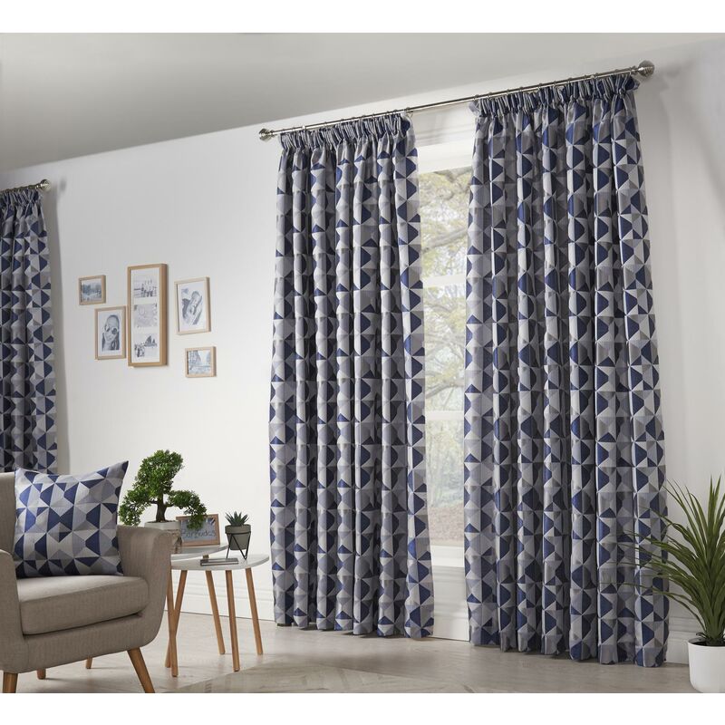 Skandi Taped Pencil Pleat Curtains Fully Lined Weave Jacquard Navy 46x90