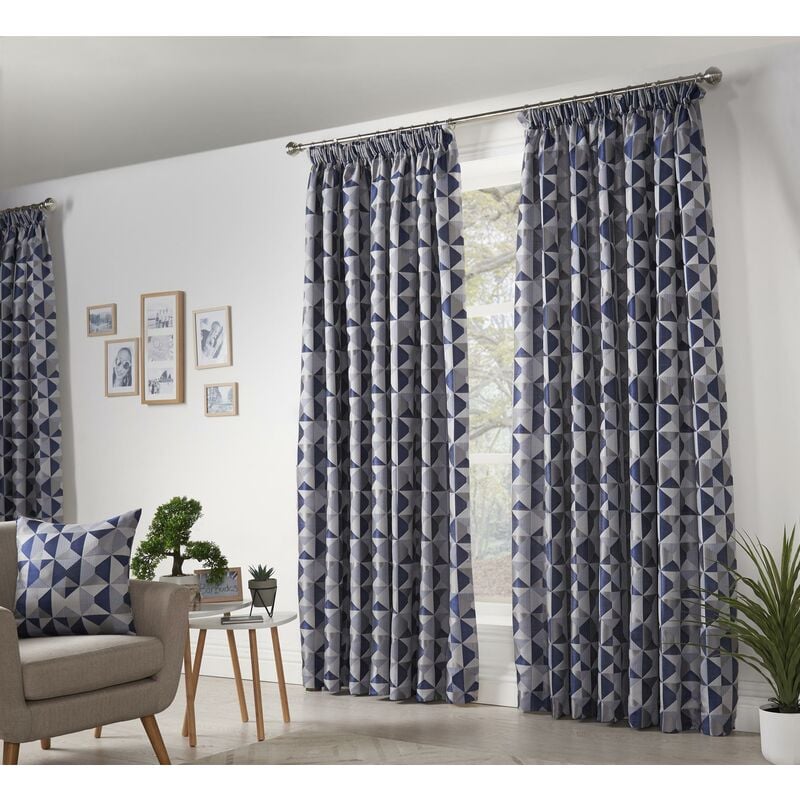 Skandi Taped Pencil Pleat Curtains Fully Lined Weave Jacquard Navy 66x54