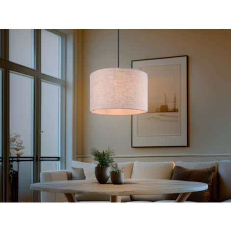 Skandinavische LED Pendelleuchte mit beigem Stoffschirm und Naturholz, Ø 35cm