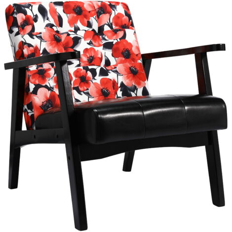 Skandinavischer Sessel aus Kunstleder in Schwarz & Rückenlehne aus Blumenstoff – Nordische Eleganz und Komfort