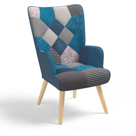 Skandinavischer Sessel IVAR in Patchworkstoff und blauem Samt