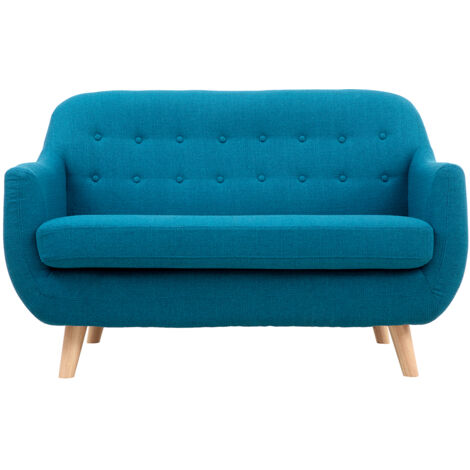 Skandinavisches 2-Sitzer-Sofa mit abnehmbarem Bezug in entenblau und Holz YNOK