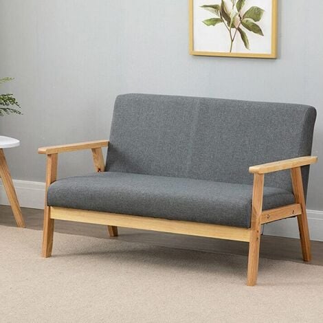 KEEPBUYING Skandinavisches 2-Sitzer Sofa, moderner Wohnzimmersessel in grauem Leinenstoff mit Holzgestell, 107 x 60 x 76 cm, für kleine Wohnung, Schlafzimmer, Büro
