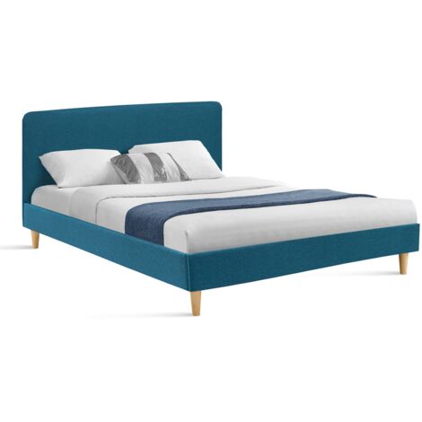 Skandinavisches Doppelbett BALTA mit Kopfteil und Lattenrost 160 x 200 cm Stoff Entenblau