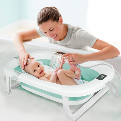 Skecten – Baignoire bébé pliable 80x50x23 cm – Matériau PP+TPE – Thermomètre digital – Coussin inclus – Convient aux bébés de 0 à 36 mois