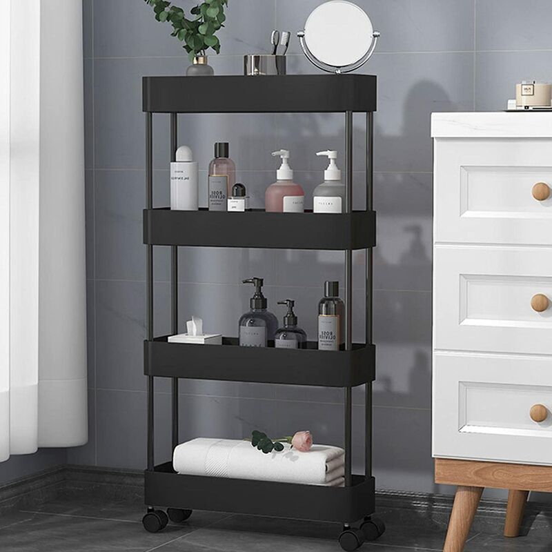 Skecten - Chariot de Stockage Utilitaire à 4 Niveaux Paniers de Rangement Polyvalents Tables Organisateur Étagères à Roues (Noir)