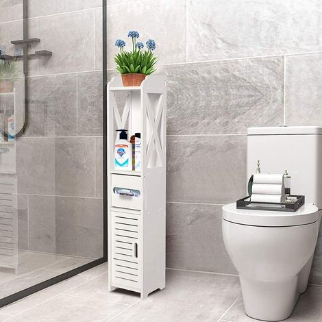 Skecten – Colonne de salle de bain blanche 20x20x80cm – Armoire avec 4 niveaux de rangement – Résistante à l'humidité – Idéale pour accessoires toilette