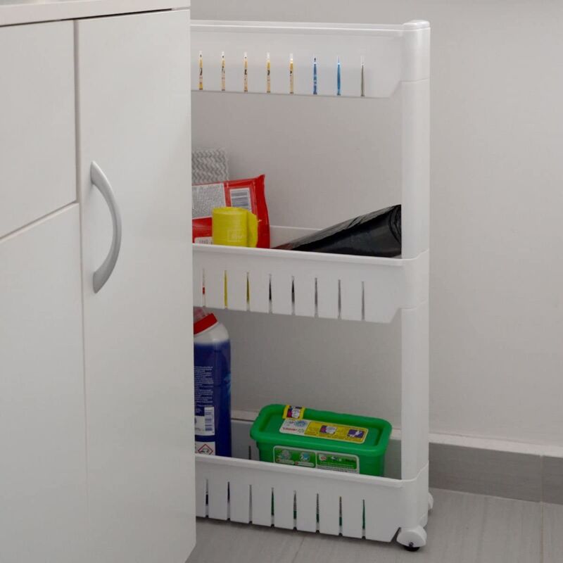 Skecten - Desserte cuisine 3 étagères de rangement sur roulette blanc