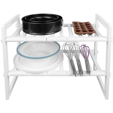 Skecten Estantes de cocina, estantes de fregadero de cocina flexibles, estante de 2 niveles, altura ajustable para gabinete debajo del fregadero - blanco