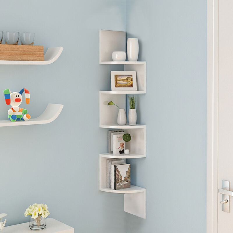 Skecten - tagère d'angle, Style Contemporain, Étagère Murale, Étagère en Forme Zigzag, Bibliothèque, Blanc