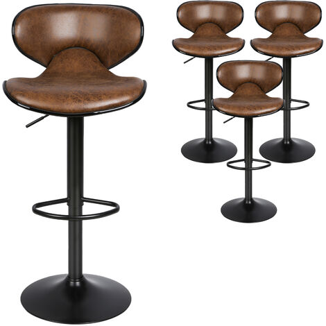 Skecten Juego de 4 Taburetes de Bar Taburetes Alto de Cocina con Respaldo, Regulable en Altura y Giratorio Cromado de Cuero sintético, para Isla Cocina/Comedor (Marrón)