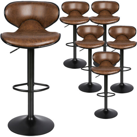 Skecten Juego de 6 Taburetes de Bar Taburetes Alto de Cocina con Respaldo, Regulable en Altura y Giratorio Cromado de Cuero sintético, para Isla Cocina/Comedor (Marrón)