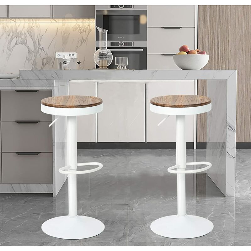 Skecten - Hofuton Lot de 2 Tabourets de Bar, Tabourets de Comptoir à Hauteur Réglable pour Comptoir de Cuisine, Bois Massif et Métal, Moderne, Blanc
