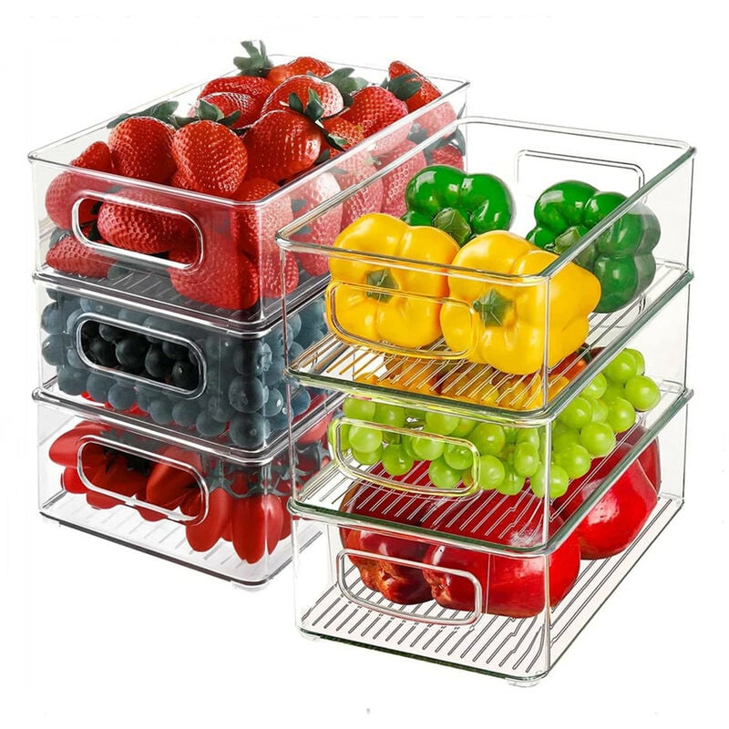 Skecten - Lot de 6 Paniers de Rangement Empilable Transparent, Bacs de Rangement Frigo en Plastique, Boîte Organisateur pour Cuisine, Placard, Salle