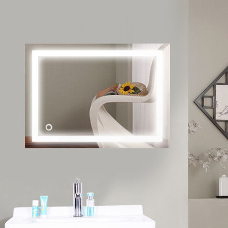 Skecten – Miroir lumineux de salle de bain 50x70cm – Éclairage LED blanc froid 6500K – Interrupteur tactile – Cadre en aluminium résistant à l'humidité