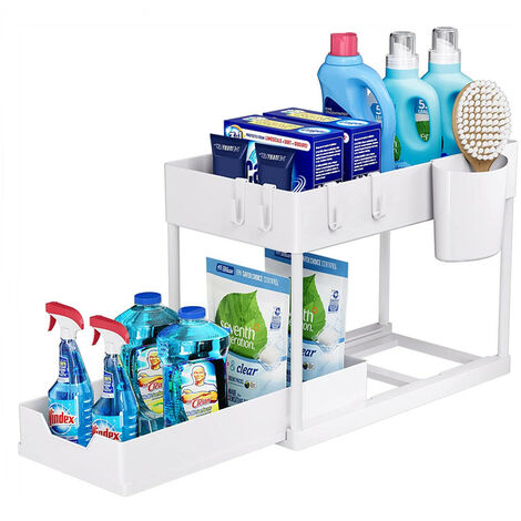 Skecten – Organisateur sous évier extensible 40x22x30.5cm – Acier inoxydable et plastique ABS – 4 crochets latéraux – Drainage rapide et anti-moisissure