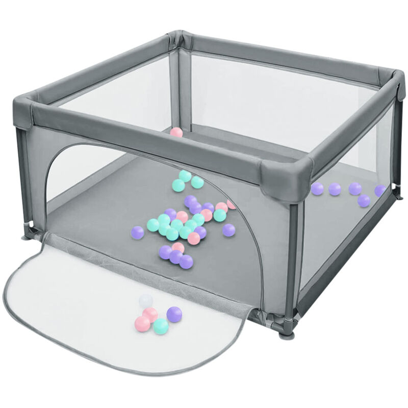 Parc Bébé, 120x120 cm, Parc Enfant pour L'intérieur et L'extérieur, avec côtés en maille et 50 Boules Océaniques,Gris foncé - Skecten