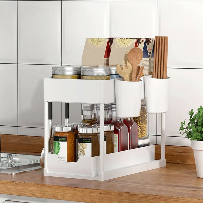 Rangement sous Evier 2 Niveaux, Coulissant Organiseur sous Évier Etagere Tiroir avec 4 Patères, Étagère sous Évier pour Cuisine Salle de Bain, Blanc