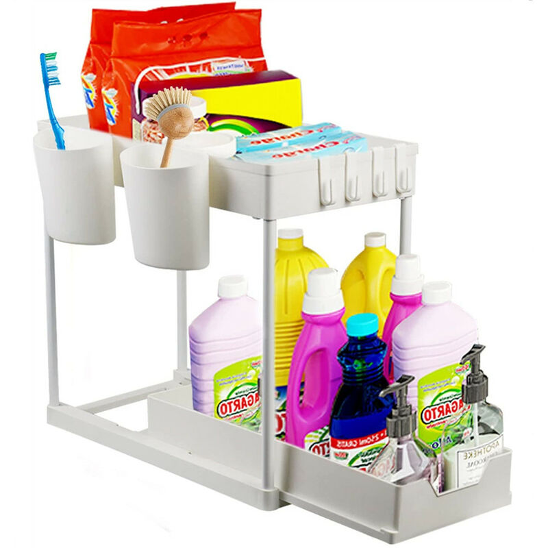 Rangement sous Evier, Etagere sous Evier, pour armoire de cuisine, salle de bain, blanc