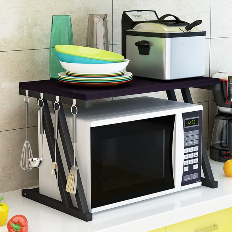 Support Étagère pour Micro-Ondes, Rangement Micro-Ondes à 2 Niveaux avec Crochets, Organisateur pour Plan de Travail de Cuisine, 57x38x38cm, Noir