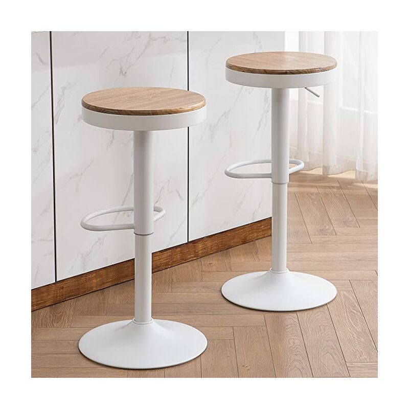 Skecten - Tabouret de Bar Bois Massif Métal Chaise de Comptoir Rotation 360° Comptoir de Cuisine Hauteur Réglable Set de 2 Pièces Blanc Chêne