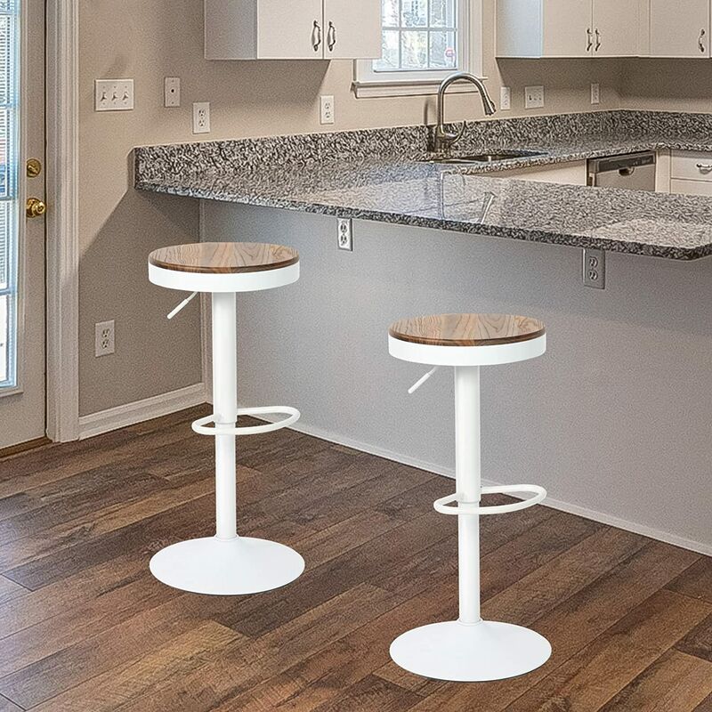 Skecten - Tabouret de Bar en Bois et Cadre Métallique Tabouret Cuisine à Hauteur Réglable Chaise de Bar Vintage Lot de 2 Blanc Chêne