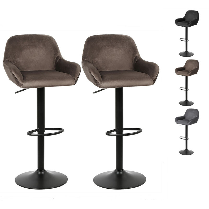 Skecten - Tabouret de Bar Velours Lot de 2, Hauteur Réglable, Repose-Pieds Chromés, Rotatif à 360 Dégrées, pour Bar, Comptoir ou Cuisine, Marron