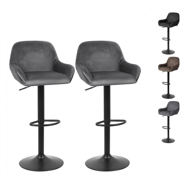 Skecten - Tabouret de Bar Velours Lot de 2, Hauteur Réglable, Repose-Pieds Chromés, Rotatif à 360 Dégrées, pour Bar, Comptoir ou Cuisine, Gris