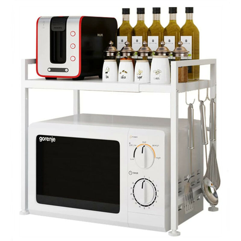 Skecten - tagère extensible en métal pour four à micro-ondes 2 niveaux avec 6 crochets - Blanc