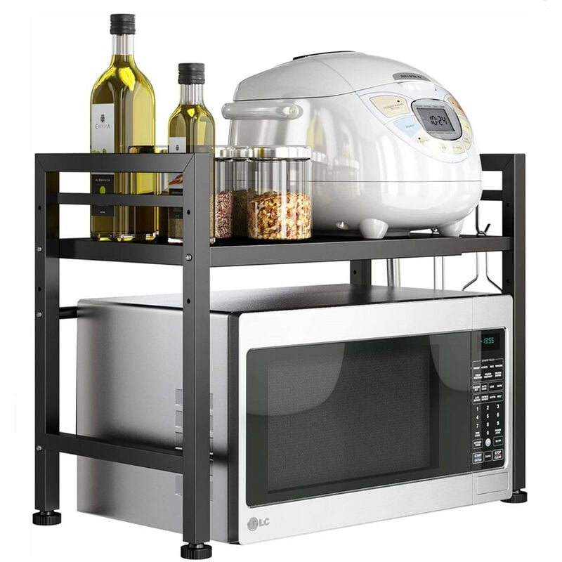 Tagère pour Micro-Ondes Extensible - 2 Niveaux - pour Plan de Travail de Cuisine - avec 6 Crochets - Noir