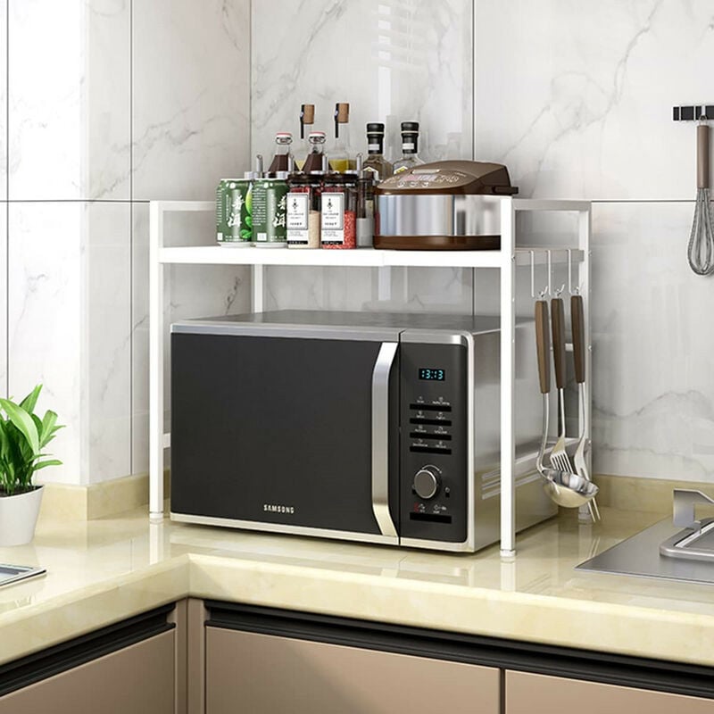 Étagère pour micro-ondes, étagère extensible à 2 niveaux pour micro-ondes, étagère pour plan de travail de cuisine avec 6 crochets, blanc