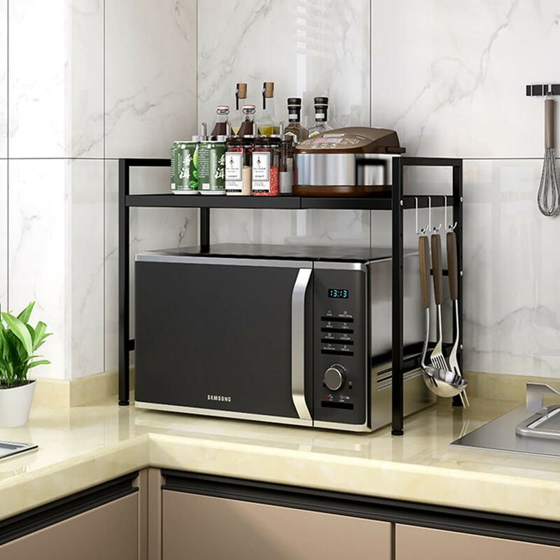 Skecten - tagère pour micro-ondes, étagère extensible à 2 niveaux pour micro-ondes, étagère pour plan de travail de cuisine avec 6 crochets, noir