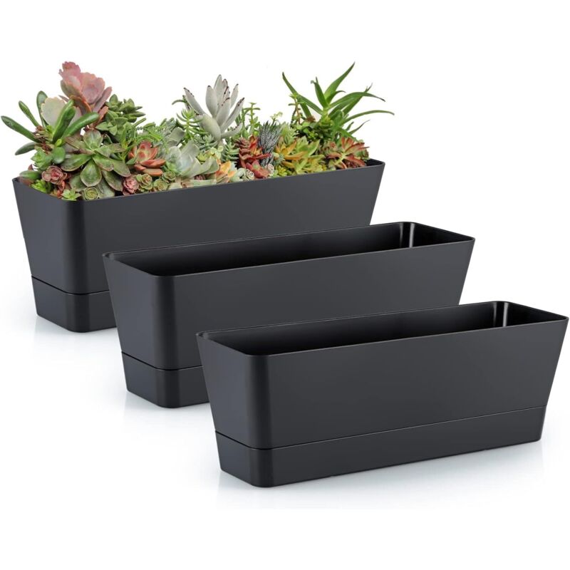 Skelang Lot de 3 pots de fleurs rectangulaires avec trous de drainage, pour baie vitrée, rebord de fenêtre de cuisine, étagère, table basse (noir)