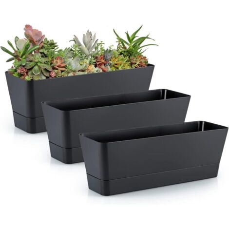 Skelang Lot de 3 pots de fleurs rectangulaires avec trous de drainage, pour baie vitrée, rebord de fenêtre de cuisine, étagère, table basse (noir)